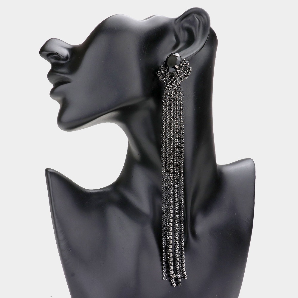 Long Jet Black Oval Stone Accented Statement Earrings